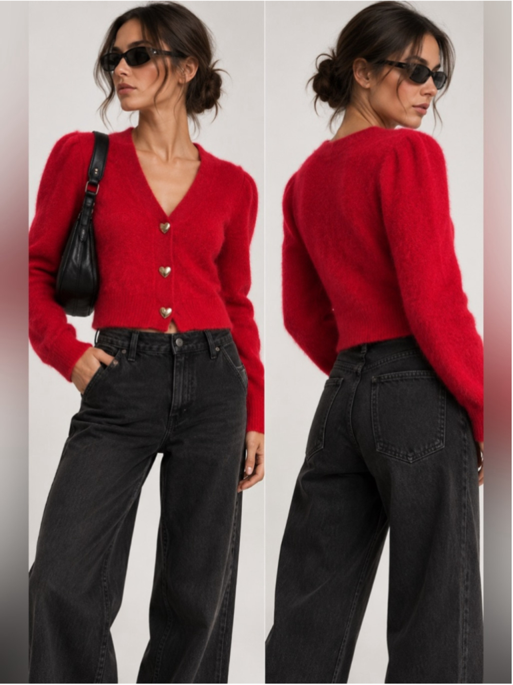 & Other Stories Red Alpaca Wool Cardigan Gold Heart Buttons Puff Sleeve Size S